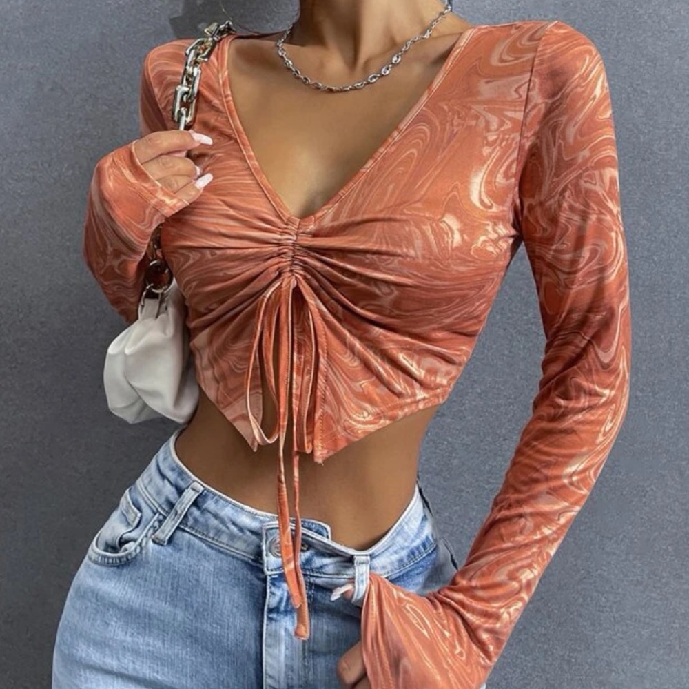 Marble Print Drawstring Asymmetrical Hem Crop Top